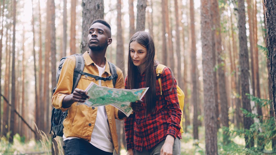 Two young adults navigate through a forest using a map, symbolizing exploration and adventure.